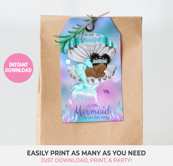 Mermaid Baby Shower Printable Favor Tag Brown Tone