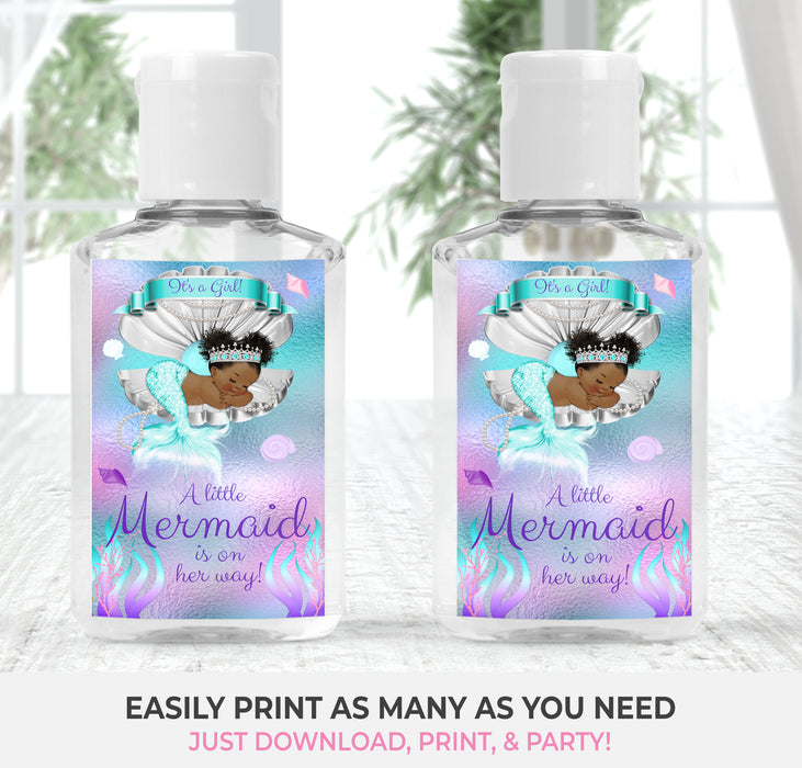 Mermaid Baby Shower Printable Hand Sanitizer Labels Brown Tone