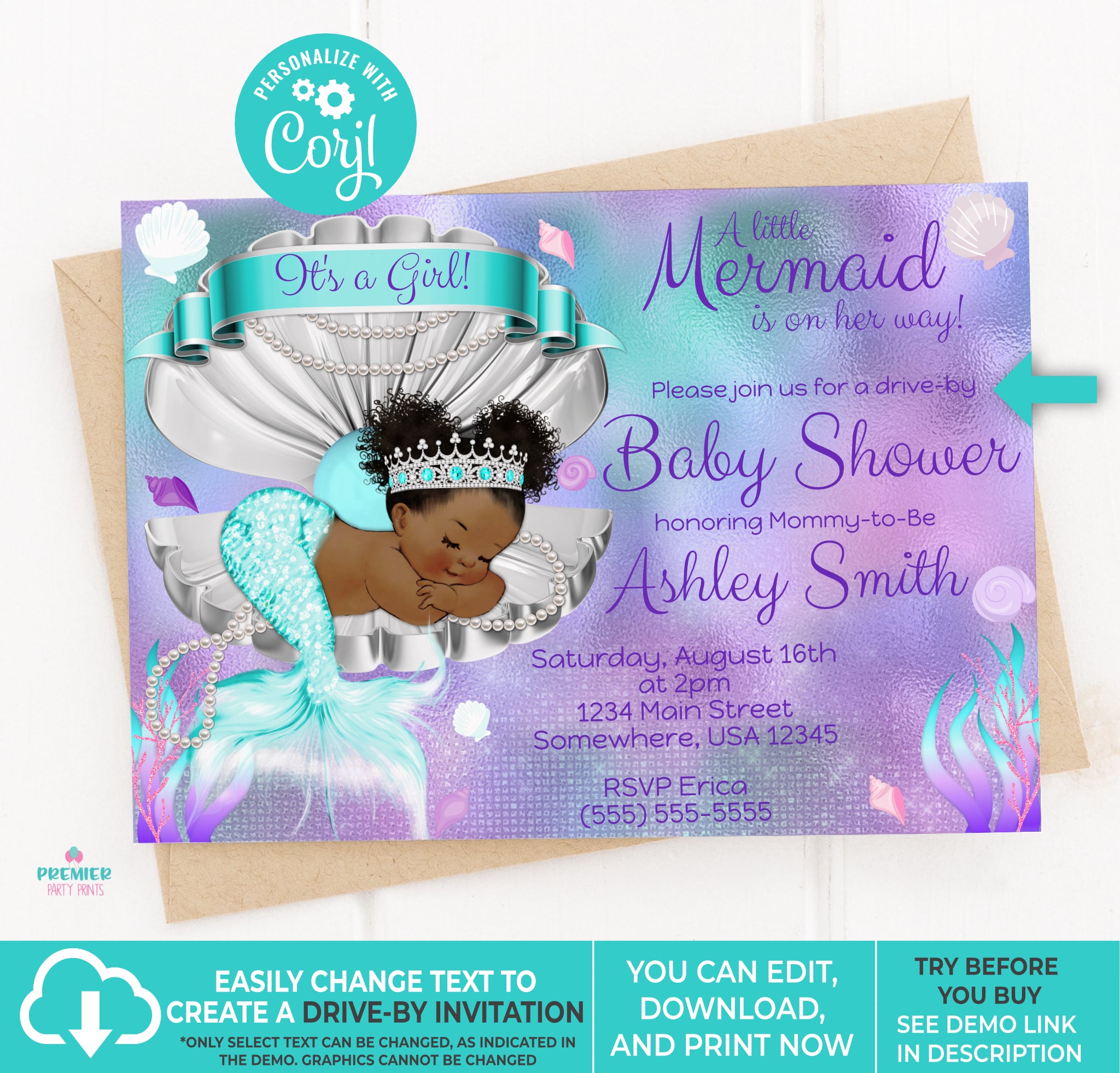 Mermaid Baby Shower Invitation Brown Tone