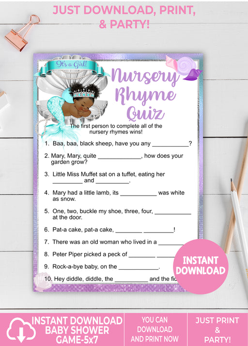 Mermaid Nursery Rhyme Quiz Baby Shower Game