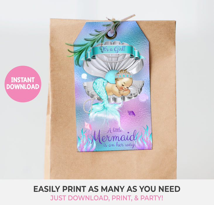 Printable Mermaid Baby Shower Favor Tag Light Tone