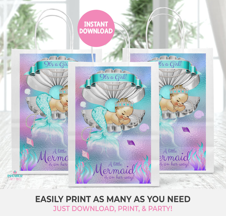 Printable Mermaid Baby Shower 5x8 Gift Bag Label Light Tone