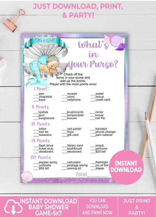 Printable Mermaid Baby Shower What's in Your Purse Game Light Tone