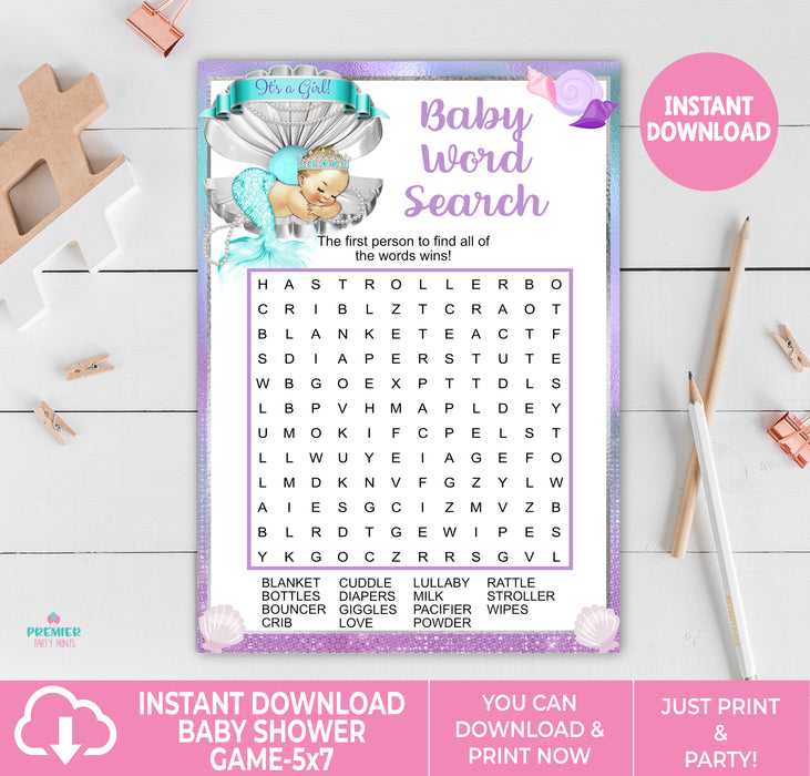 Printable Mermaid Baby Shower Baby Word Search Game Light Tone