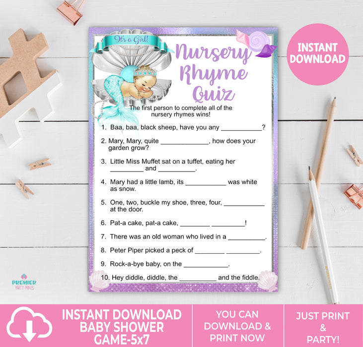 Printable Mermaid Baby Shower Nursery Rhyme Quiz Game