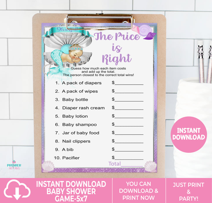 Printable Mermaid Baby Shower Price is Right Game Light Tone