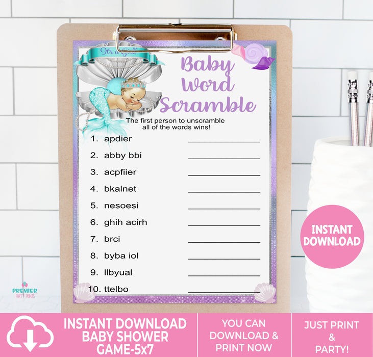 Printable Mermaid Baby Shower Baby Word Scramble Game Light Tone