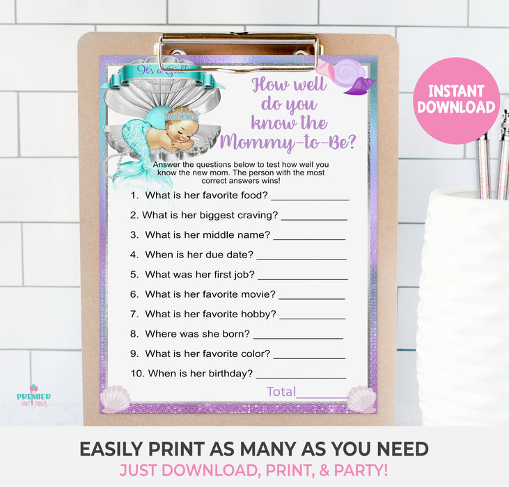 Printable Mermaid Baby Shower Mommy to Be Game Light Tone