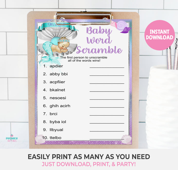 Printable Mermaid Baby Shower Baby Word Scramble Game Light Tone