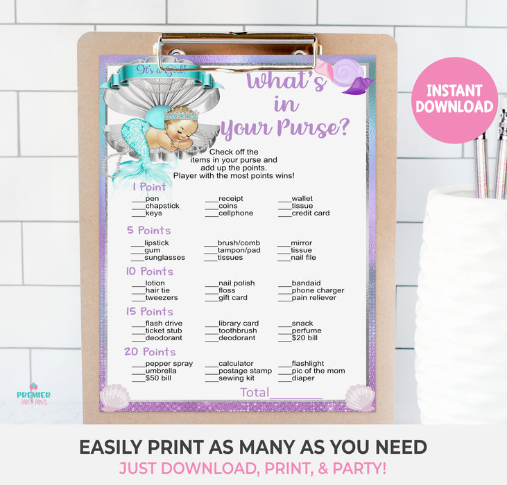 Printable Mermaid Baby Shower What's in Your Purse Game Light Tone