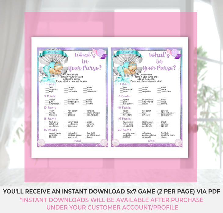 Printable Mermaid Baby Shower What's in Your Purse Game Light Tone Instructions