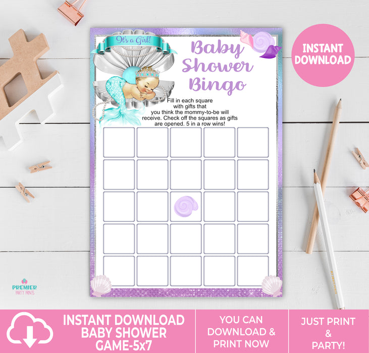 Printable Mermaid Baby Shower Bingo Game Light Tone