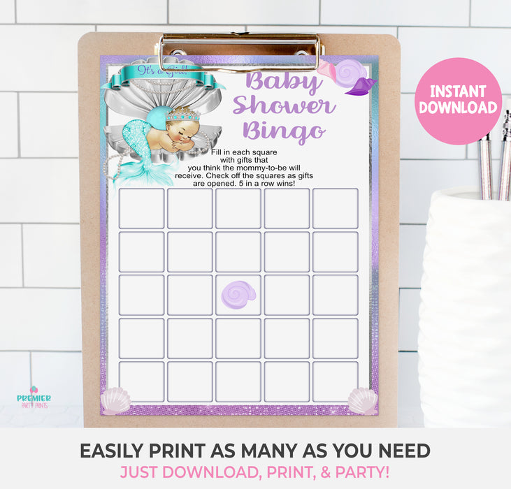 Printable Mermaid Baby Shower Bingo Game Light Tone