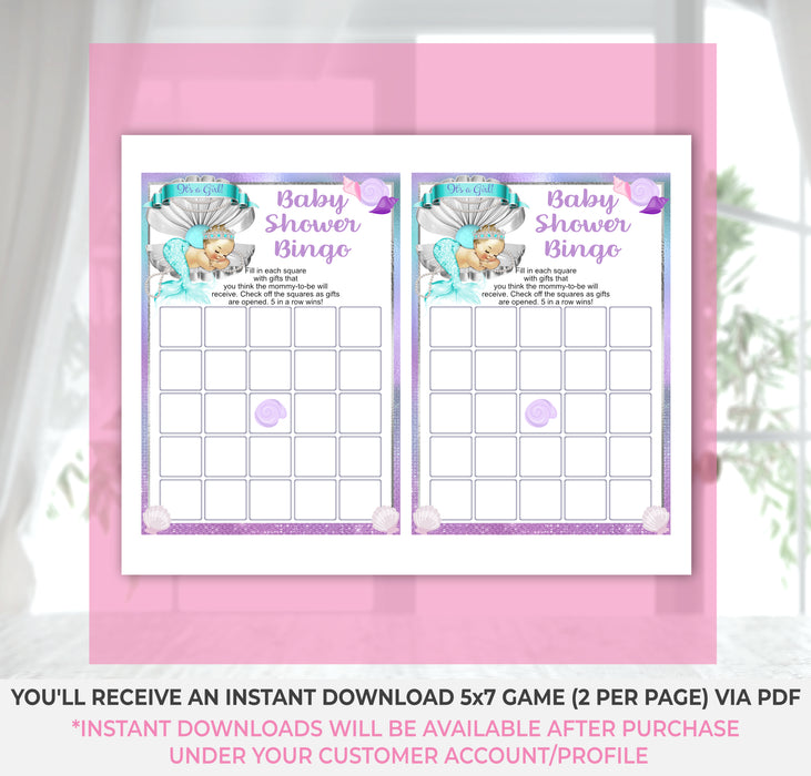 Printable Mermaid Baby Shower Bingo Game Light Tone Instructions