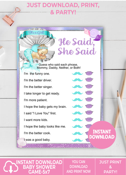 Printable Mermaid Baby Shower He Said She Said Game Light Tone