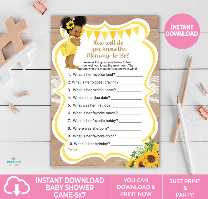 Printable Sunflower Baby Shower Mommy to Be Game Brown Tone