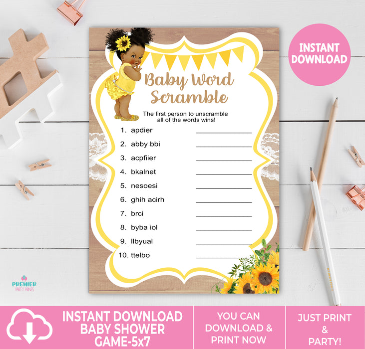 Printable Sunflower Baby Shower Baby Word Scramble Game Brown Tone