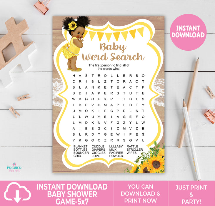 Printable Sunflower Baby Shower Baby Word Search Game Brown Tone