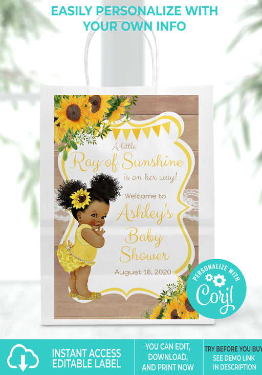 Little Sunshine Sunflower Baby Shower 5x8 Gift Bag Label Brown Tone