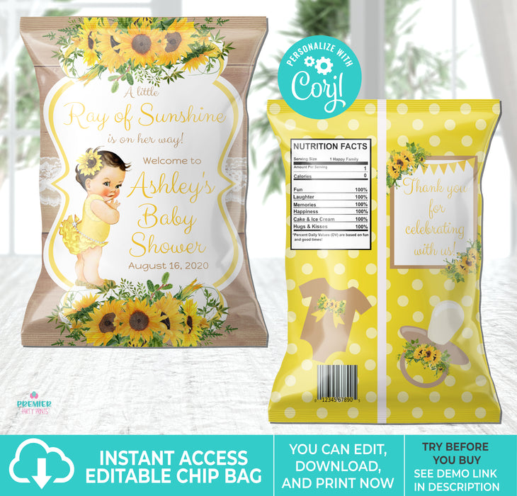Little Sunshine Sunflower Baby Shower Chip Bag Light Tone