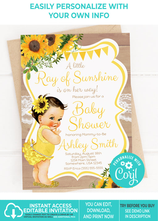  Little Sunshine Sunflower Baby Shower Invitation Light Tone