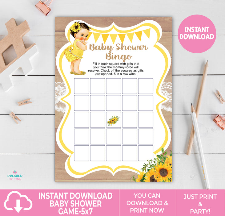 Printable Little Sunshine Sunflower Baby Shower Bingo Game Light Tone