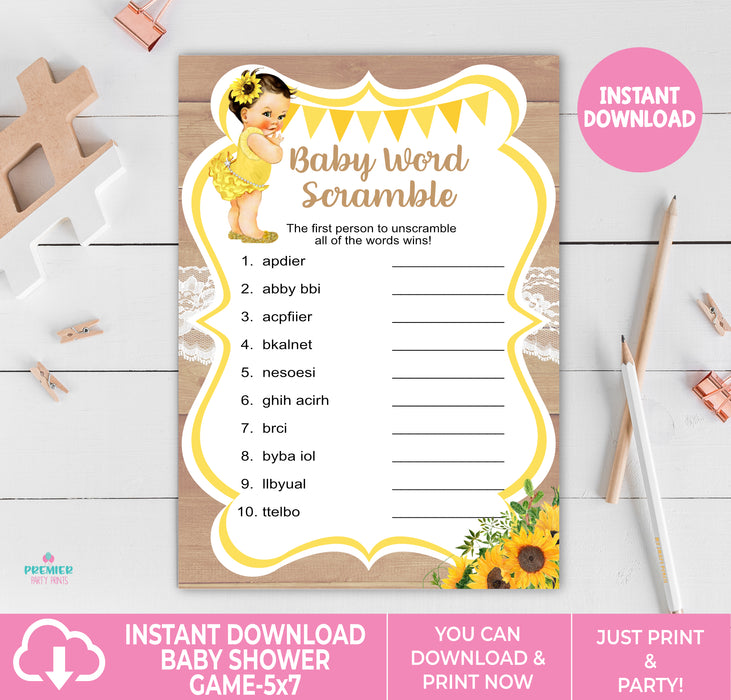 Printable Little Sunshine Sunflower Baby Word Scramble Game Light Tone