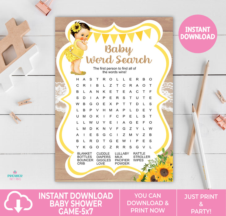 Printable Little Sunshine Sunflower Baby Shower Baby Word Search Game Light Tone