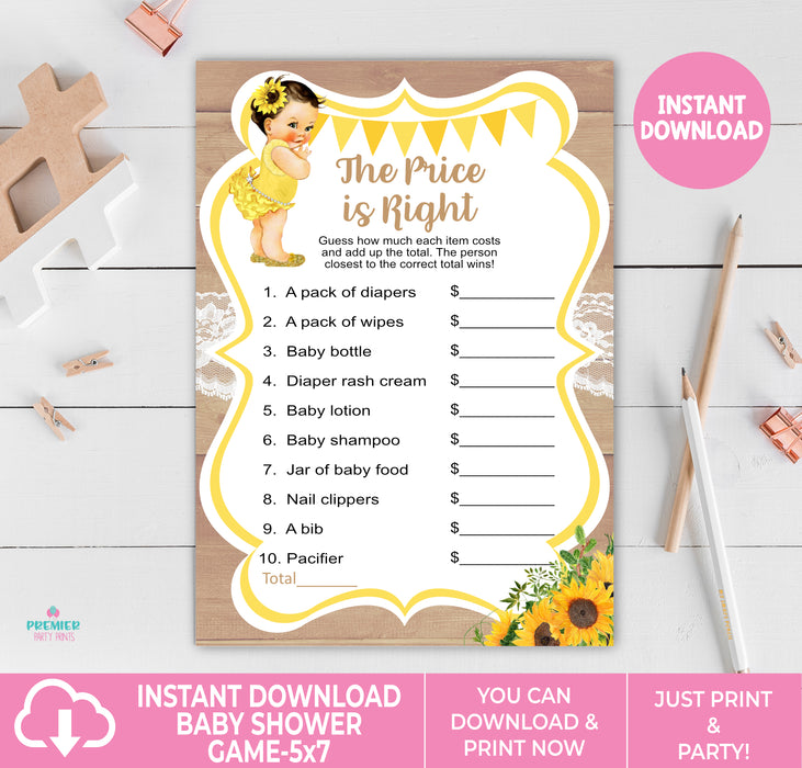 Printable Little Sunshine Sunflower Baby Shower The Price is Right Game Light Tone