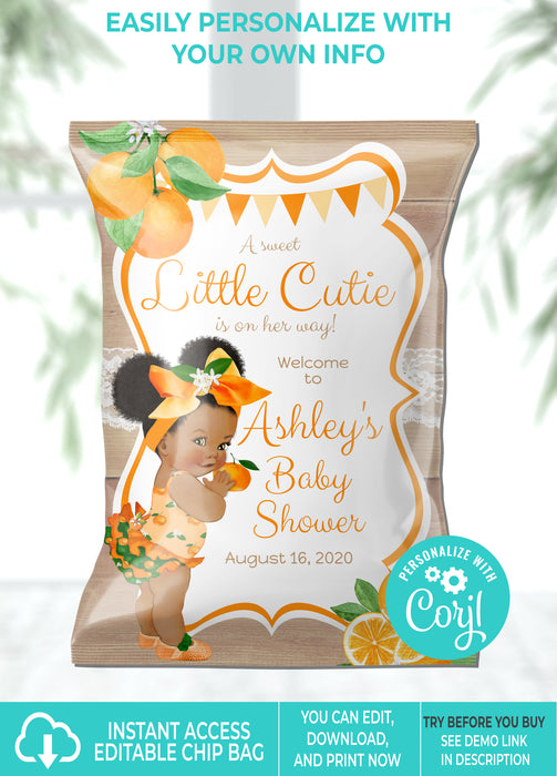 Printable Little Cutie Baby Shower Chip Bag Brown Tone with Afro Puffs