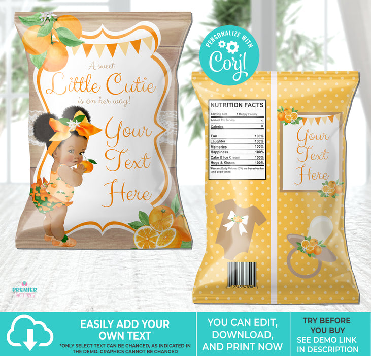 Printable Little Cutie Baby Shower Chip Bag Brown Tone with Afro Puffs