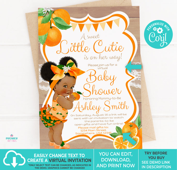 Printable Little Cutie Baby Shower Invitation Brown Tone with Afro Puffs