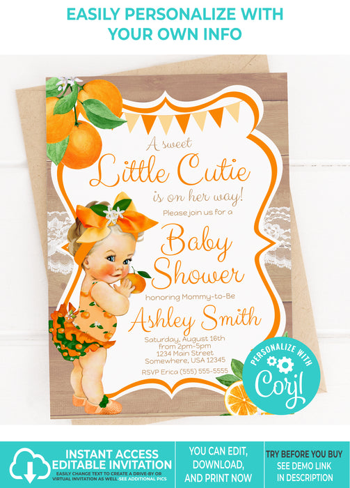  Little Cutie Orange Baby Shower Invitation Light Tone w/Blond Hair