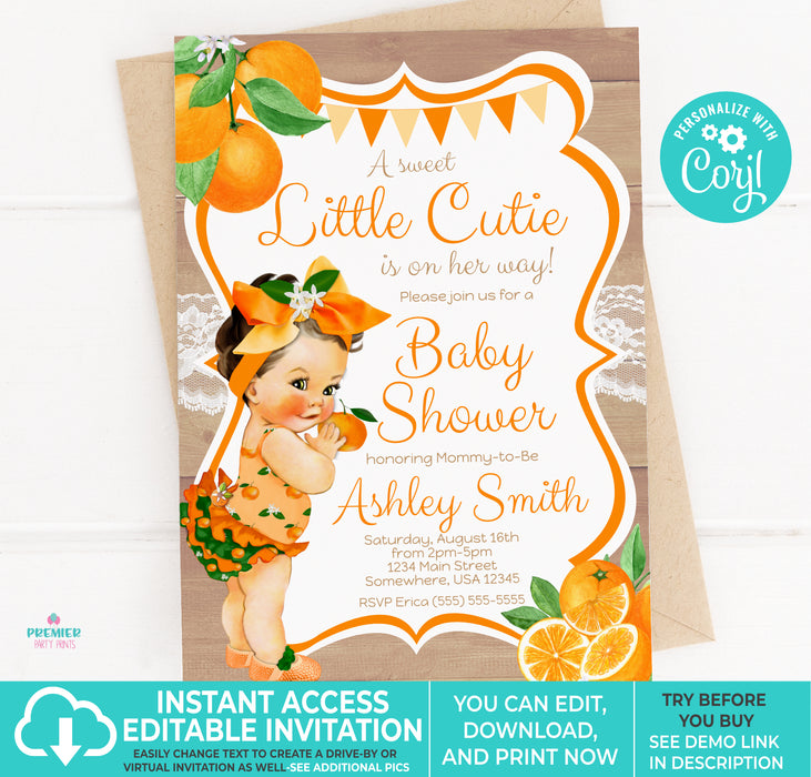  Little Cutie Orange Baby Shower Invitation Light Tone w/Brown Hair