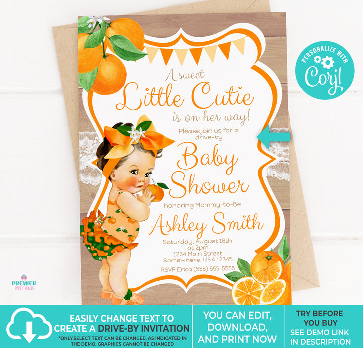  Little Cutie Orange Baby Shower Invitation Light Tone w/Brown Hair