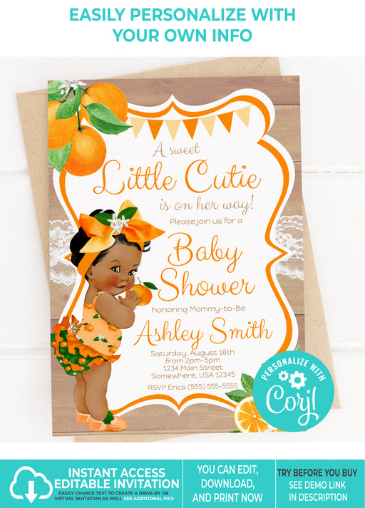  Little Cutie Orange Baby Shower Invitation Brown Tone w/Short Hair