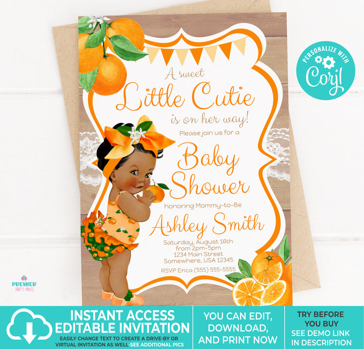  Little Cutie Orange Baby Shower Invitation Brown Tone w/Short Hair