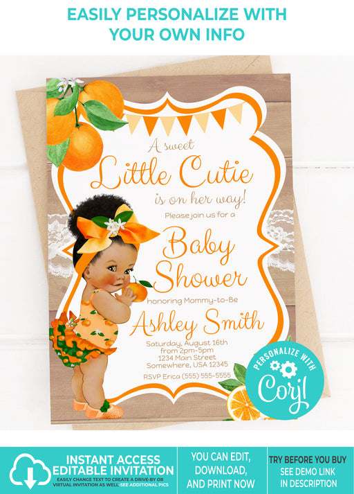 Little Cutie Orange Baby Shower Invitation Brown Tone w/Puff Pony