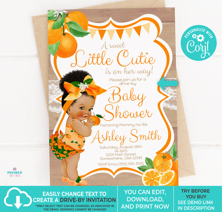 Little Cutie Orange Baby Shower Invitation Brown Tone w/Puff Pony