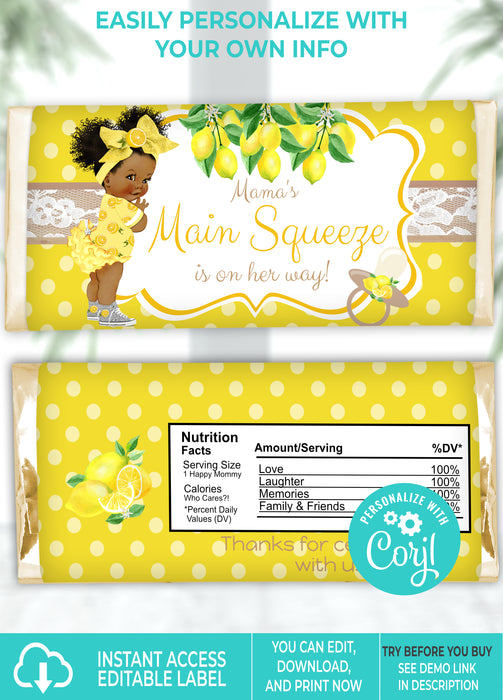 Main Squeeze Lemon Baby Shower Candy Bar Wrapper Vers 2 Brown Tone w/Afro Puffs
