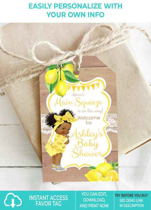 Main Squeeze Lemon Baby Shower Favor Tag Brown Tone w/Afro Puffs