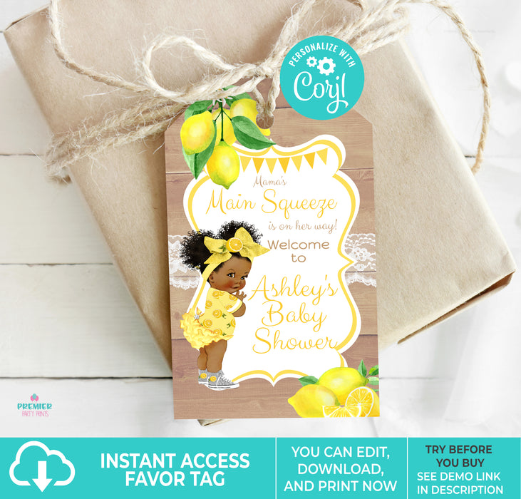 Main Squeeze Lemon Baby Shower Favor Tag Brown Tone w/Afro Puffs