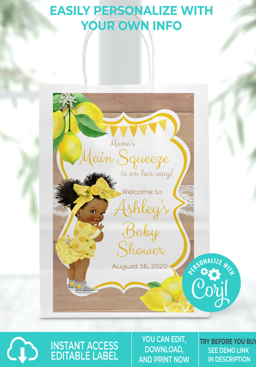 Main Squeeze Lemon Baby Shower Gift Bag Label Brown Tone w/Afro Puffs