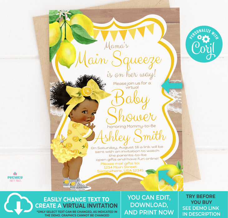 Main Squeeze Lemon Baby Shower Invitation Brown Tone w/Afro Puffs