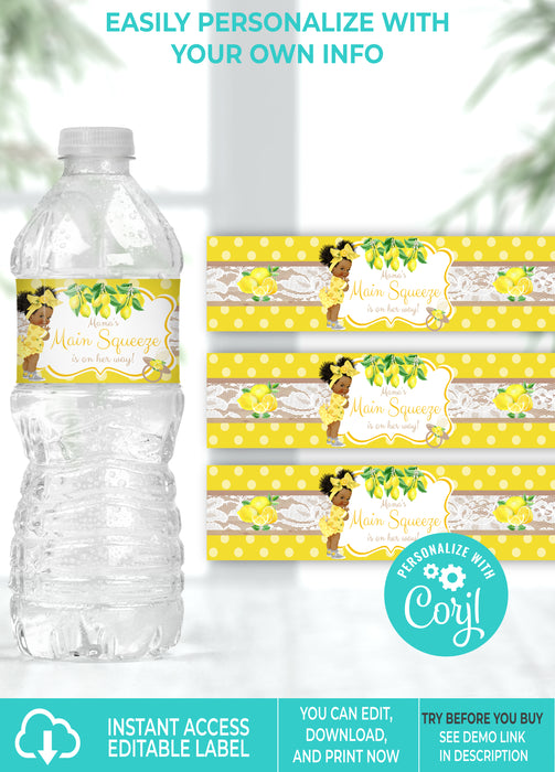 Main Squeeze Lemon Baby Shower Water Bottle Label Vers 1 Brown Tone w/Afro Puffs