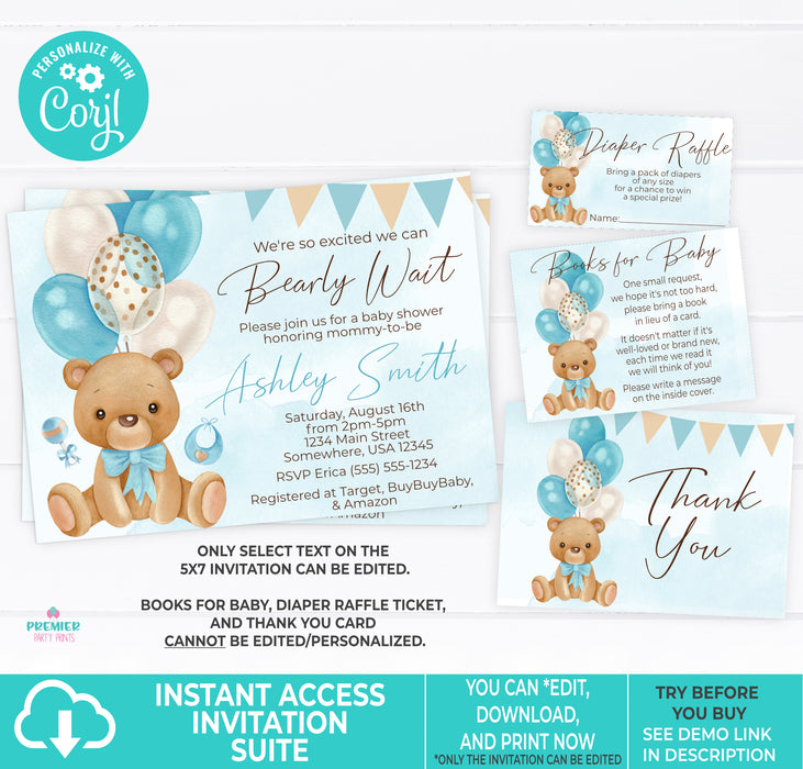  Blue Teddy Bear Baby Shower Invitation Suite