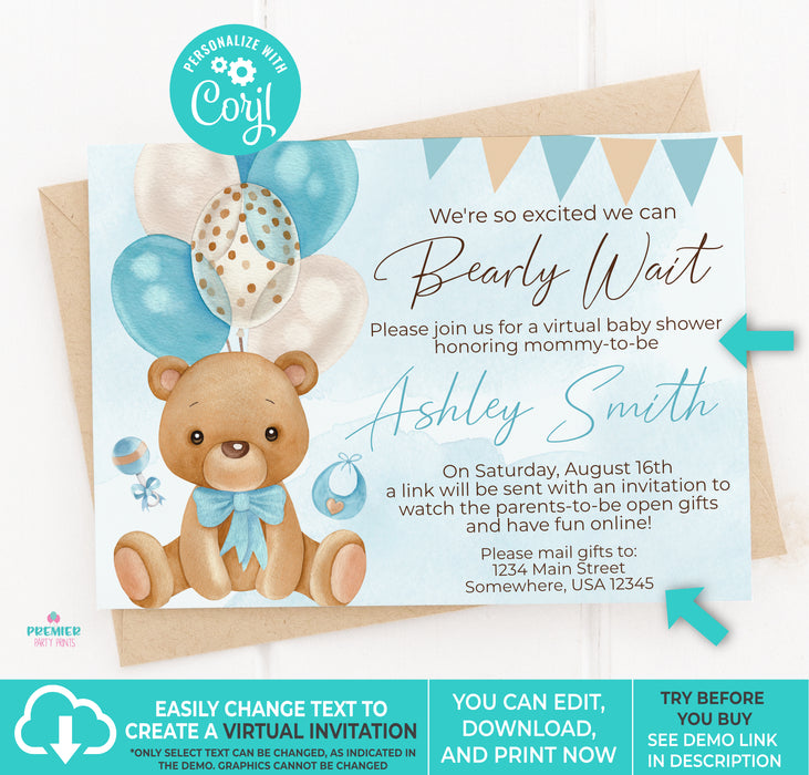  Blue Teddy Bear Baby Shower Invitation Suite