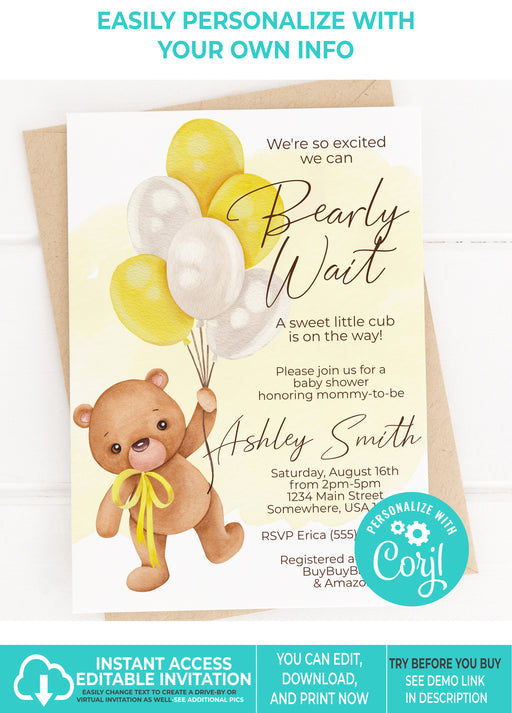 Neutral Yellow Teddy Bear Baby Shower Invitation