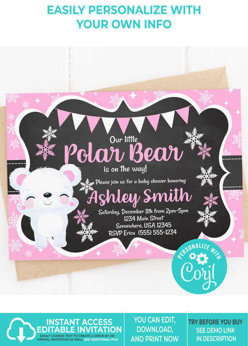 Polar Bear Christmas/Winter Baby Shower Invitation Girl