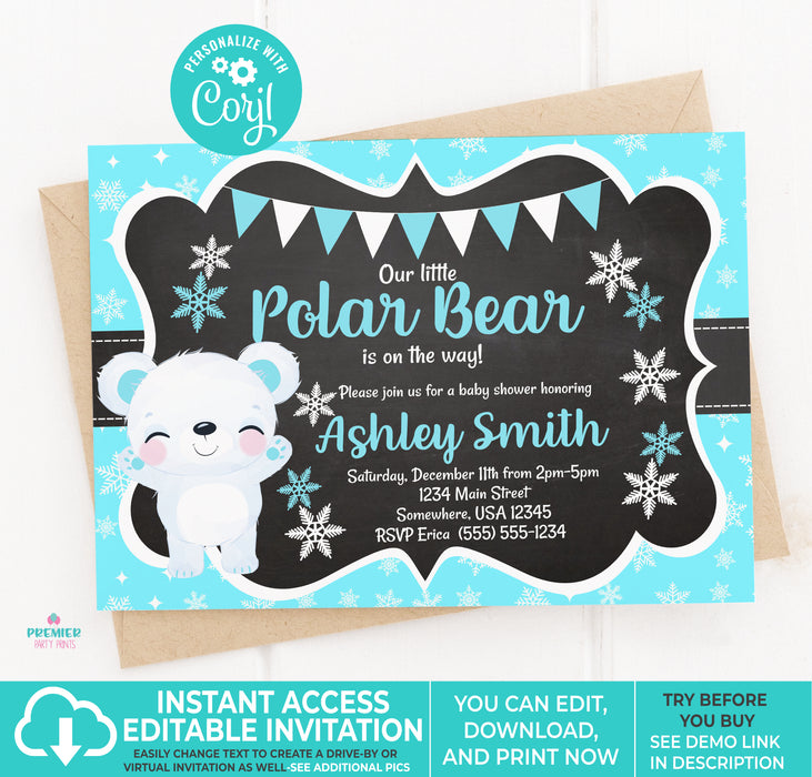 Polar Bear Christmas/Winter Baby Shower Invitation Boy